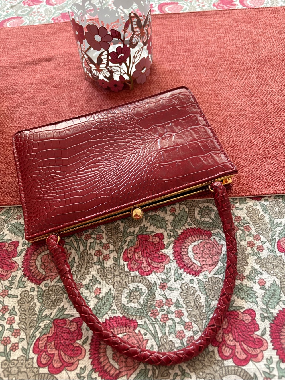 Isaac Mizrahi Red Croc-Embossed Braided-Handle Clutch